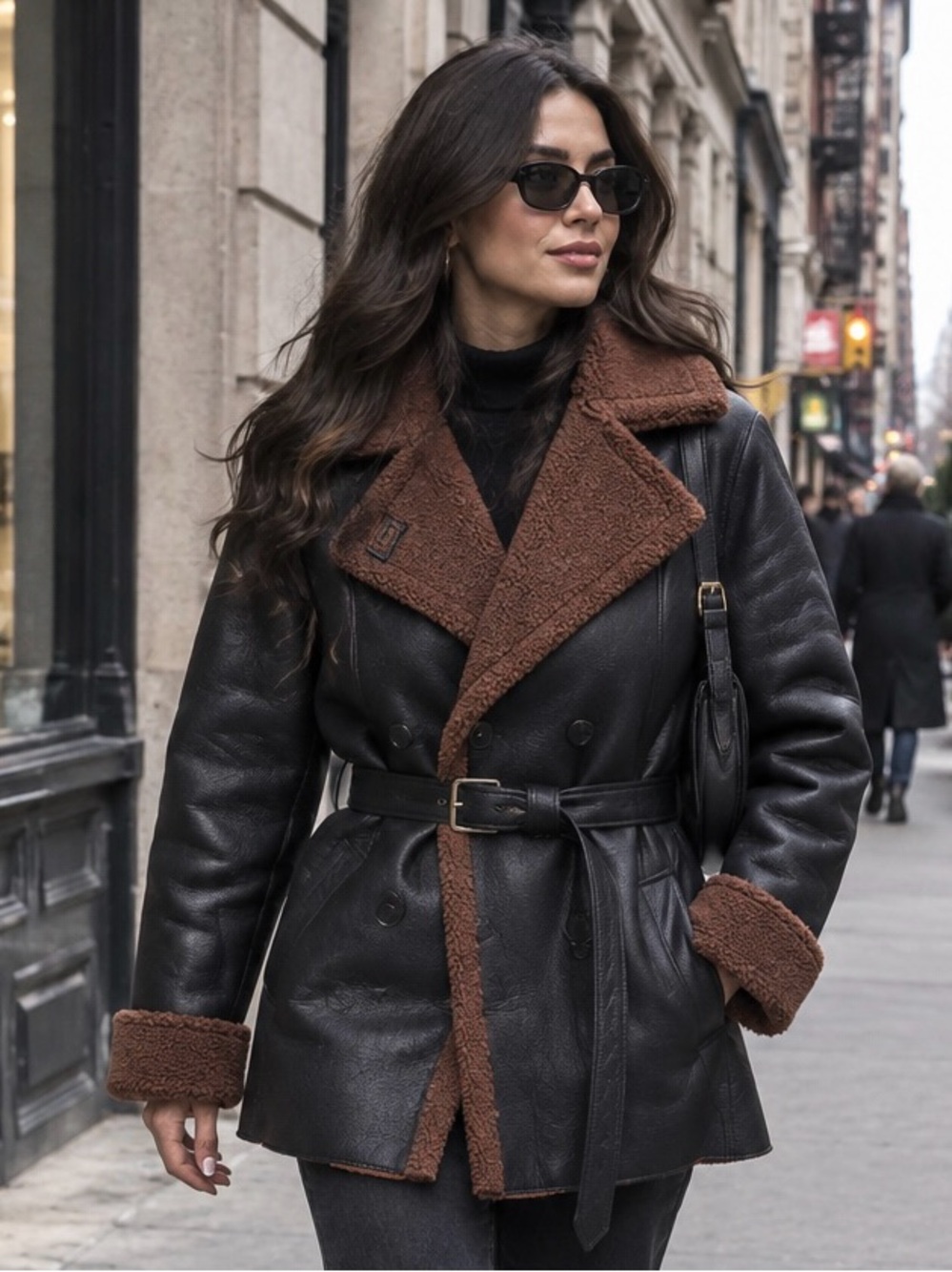 Black Faux Leather Sebby Shearling-Trim Belted Coat Classic Elegant Medium
